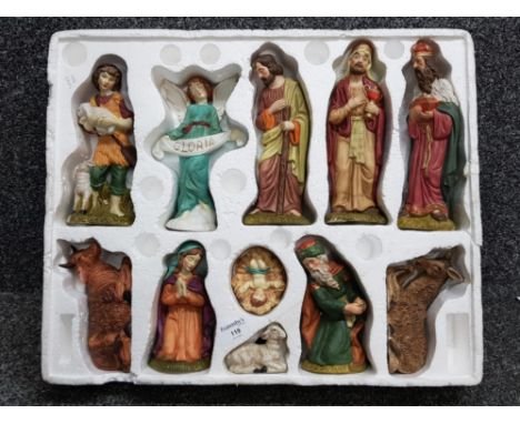 11 piece ceramic nativity set including Mary, Joseph, baby jesus, 3 kings, gloria angel, stable boy &amp; 3 animals
