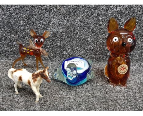 A Malta glass fox, glass turtle and fawn together with a ceramic horse figurine.