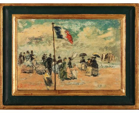 Eugene Boudin (1824-1898)- attributed, beach scene , oil on wooden panel, monogrammed bottom left and described Honfleur and 