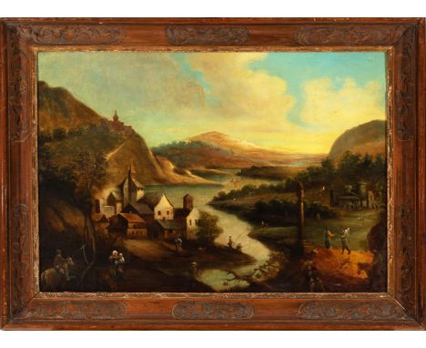 German school 18 th century, idyllic landscape , oil on wooden panel, framed 45x65 cm