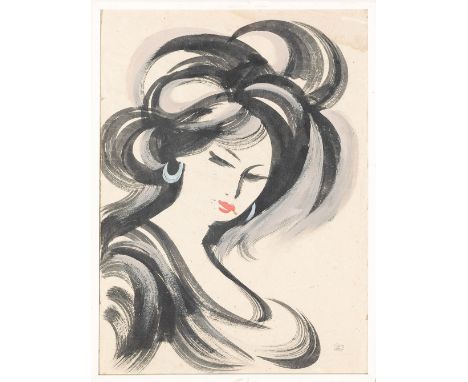 Marko Kolev (Bulgarian 20. Century)., Girl portrait, mixed techniques on paper, estate stamp, framed, under glass. 68X50cm