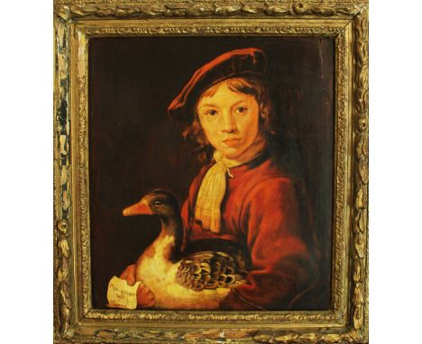 Dutch School 17th / 18th Century, Young boy with duck, oil on wooden panel, framed. 50X44cm