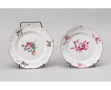 Pair of Hollitsch ceramic dishes, each painted with flowers on white ground glazed ceramic 18th Century marked on the bottom 