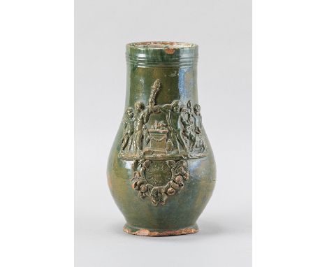Upper Austrian ceramic jug, in pear shape, with hand grip, flowers and angles decorations; described Gruss aus Ottensheim, gr