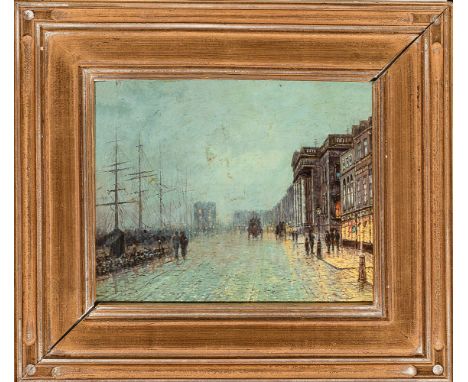 Nelson Atkinson Grimshaw (1836-1893)- school, port scene with ships and coaches , oil on wooden panel,framed. 20X25 cm