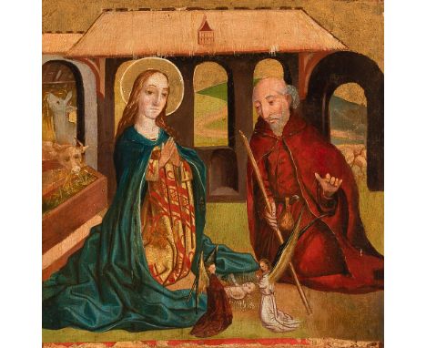 German School 15th/16th Century, In the stable of Bethlehem, tempera on gold ground and oak wood.  Wooden panel laid down on 