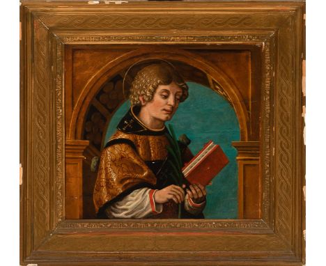 Giovanni Mauro della Rovere (1575-1640)-attributed, Evangelist in arched doorway, holding a book and a palm leave, with stone