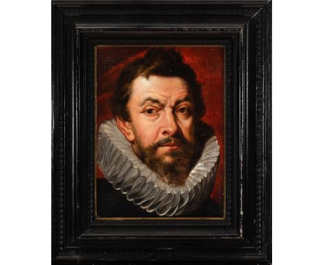 Peter Paul Rubens (1577-1640)-school, Portrait of a gentleman with ruff in front of red background; oil on canvas, framed. 35