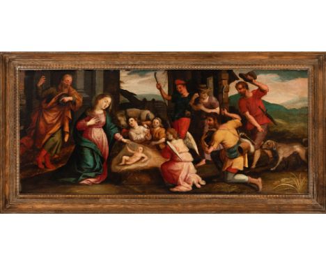 Flemish School around 1700, The Adoration in the stable, oil on oak panel, framed. 38X89cm