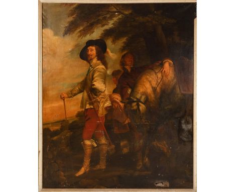 Sir Anthonis van Dyck (1599-1641)-studio, Life size portrait of King Charles I in landscape, with servants and horse, oil on 