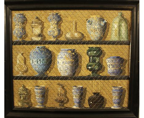 Edwaert Collier (1640-1708)-attributed, Trompe lÒeil, Ceramic vessel and pots on board behind a grit, Oil on Canvas framed 90