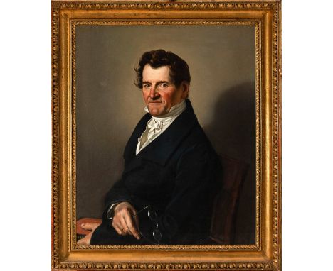 Vienna around 1820, portrait of a gentleman with eye glasses and a book possible monogrammed B. oil on canvas in a carved  an