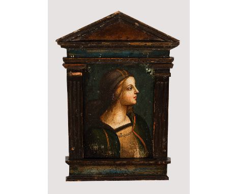 North Italian Artist 16. century  Portrait of a court lady looking to the side in front of dark background, oil on wooden pan