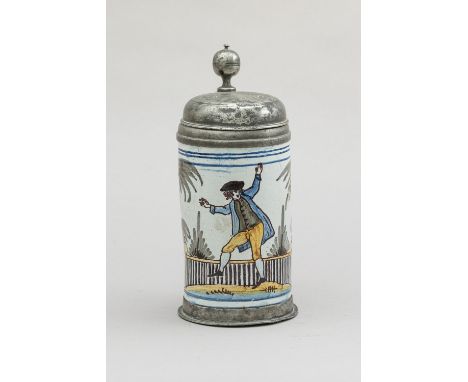 German ceramic tankard, with painted figural and ornamental decorations in cold colours, on white ground, glazed, original pe