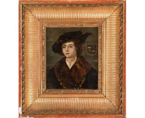 German Artist 16th Century, Portrait of a young aristocratic gentleman with beret and fur coat in front of dark background, o