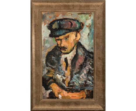 Antonín Procházka (1882-1945)-attributed, Portrait of a man, oil on wooden board, signed upper right, framed. 30X18cm