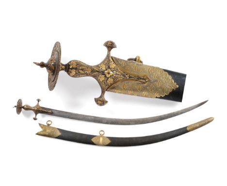 An 18th Century Indian Shamshir/Talwar, with 82cm single edge Wootz blade, the steel cruciform hilt with disc pommel all over