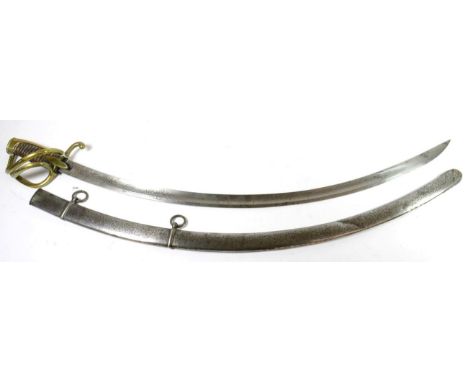 A 19th Century Turkish Cavalry Sabre, the 80 cm, single edge fullered damascus blade bearing traces of gilt, indistinctly sig