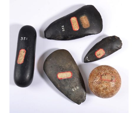 A Collection of Neolithic Late Celt Artefacts, comprising: a circular hammer stone, numbered, ''No.350''. Innes label numbere