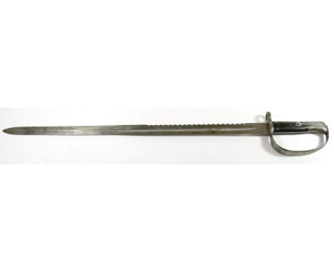 A British 1879 Pattern Artillery Sawback Sword Bayonet, 65.5cm fullered blade stamped with various inspector's and War Depart