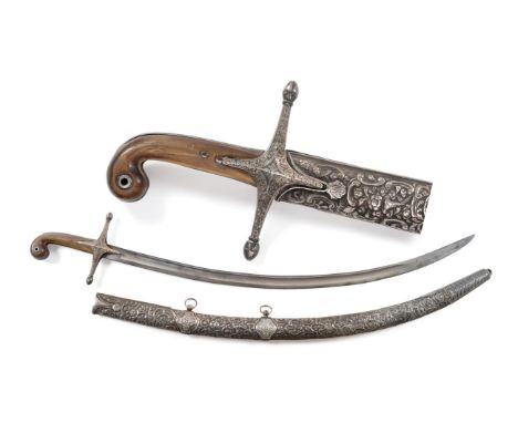 A Late 18th Century Persian Shamshir, the 75cm single edge curved steel blade with a broad fuller and a narrow fuller running