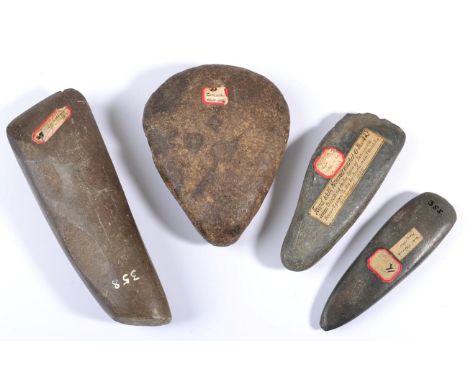 A Collection of Neolithic Late Celt Artefacts, comprising: a small axe, numbered, ''No. 355''. Earlier label inscribed, ''Nea