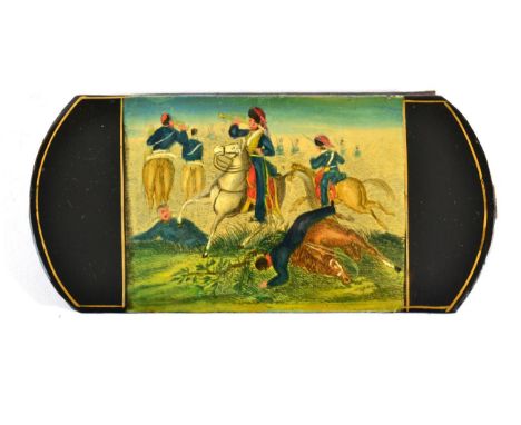 A Mid 19th Century Black Lacquered Papier Mache Card Case, of oblong form, one side with a panel printed in colours with Drag