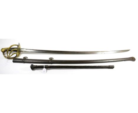 A 19th Century French Cuirassier's Sword, 97cm single edge steel blade with a broad fuller and a narrow fuller running along 