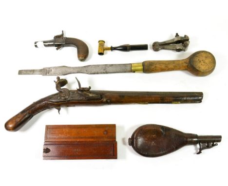 A Small Quantity of Militaria, comprising an 18th century Spanish flintlock holster pistol af; a 19th century percussion pock