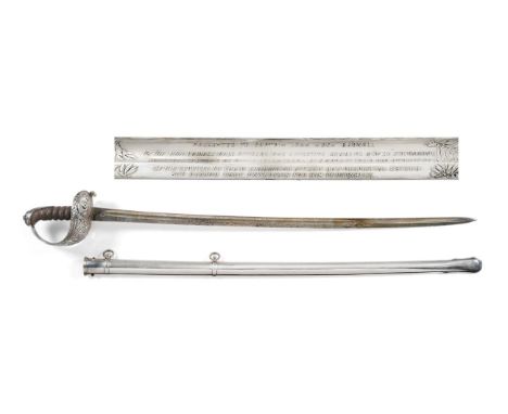 A Good Victorian Silver Hilt Presentation Sword to the Staffordshire Volunteer Rifles, the 83cm single edge fullered  and pla