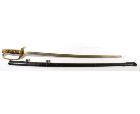 A Japanese Colonial Kyu-Gunto Sword, the 69 cm single edge fullered steel blade with simulated hamon, the cast brass scabbard