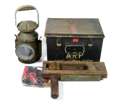 Air Raid Precautions (ARP):- a Collection of Items, comprising a tin paraffin hand lamp with filters, a wood rattle stamped W