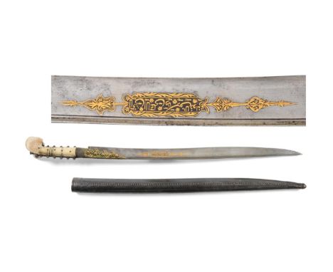 An Early 19th Century Turkish Yataghan, the blade inlaid in gold with panels of  text, possibly from the Koran, with a narrow