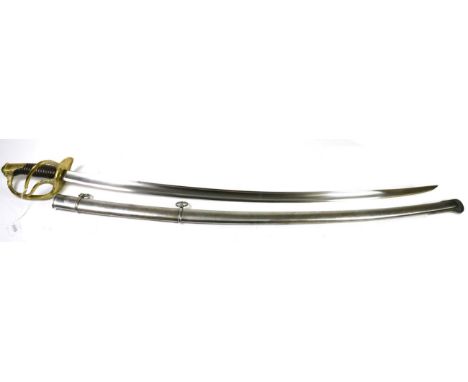 A Late 19th Century French Heavy Cavalry Officer's Sword, with 90 cm single edge curved and fullered steel blade, the brass t