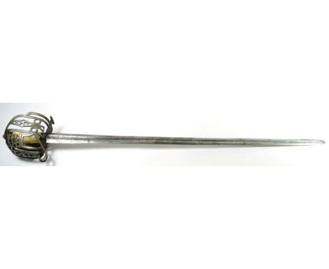 An 1828 Pattern Scottish Basket Hilt Broadsword, the 87cm 18th century steel blade engraved to both sides with martial trophi