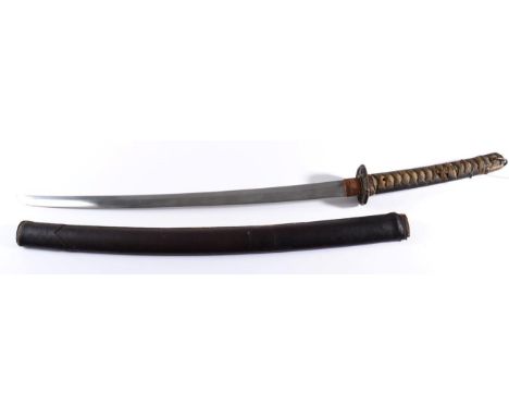 A Shinto Period Japanese Wakizashi, the 57.5cm Bezan made blade with billowing hamon, unsigned tang, two piece copper habaki,