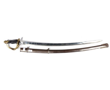 A Copy of a Cuirassier Sword, with 86cm steel blade, brass triple bar hilt with ribbed leather grip, with steel scabbard