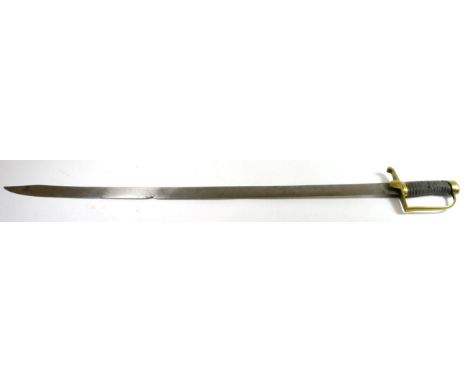 An 18th Century British Cavalry Sword, the 90cm single edge clip point steel blade with crown stamp at the ricasso, the brass