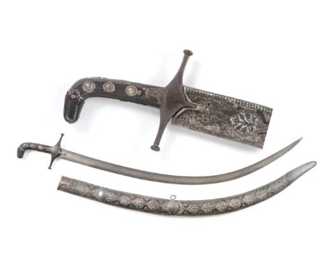 An 18th Century Persian Shamshir, with 79cm single edge curved wootz blade, steel crossguard with narrow langets and compress