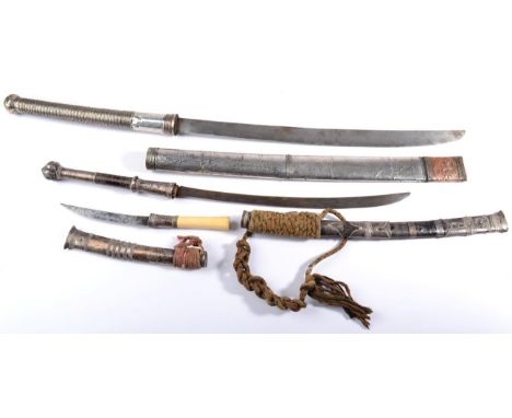 A Late 19th /20th Century Burmese Dha, with 48.5cm single edge broad curved steel blade, the curved cylindrical hilt bound wi