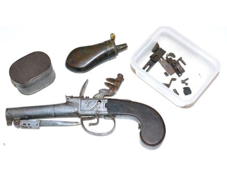 An 18th Century Flintlock Greatcoat Pistol by Jover, London, the 6cm round steel barrel with Board of Ordnance marks, the und