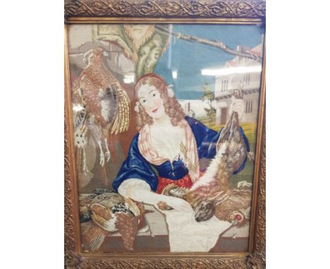 Gilt framed tapestry with lady together with poultry and game.