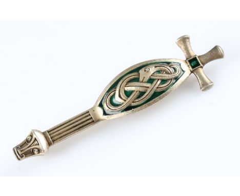 A David Andersen enamel Celtic / Viking design brooch, with green enamel decoration, stamped 925 and makers mark, length appr