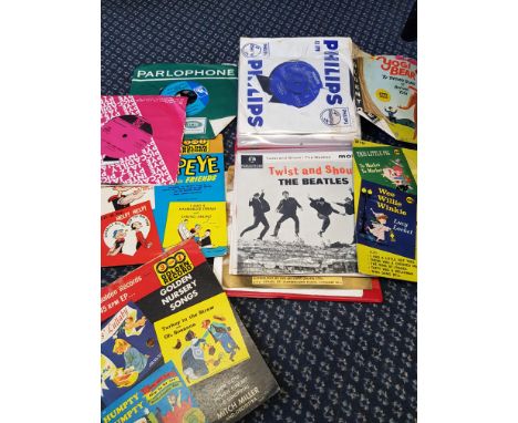 Collection of 45 RPM records to include The Beatles, The Rolling Stones, Moody Blues, Nursery Rhymes and Popeye.