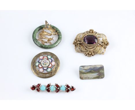 A collection of brooches, to include a filigree amethyst set brooch, a garnet and blue stone bar brooch, a micro mosaic brooc