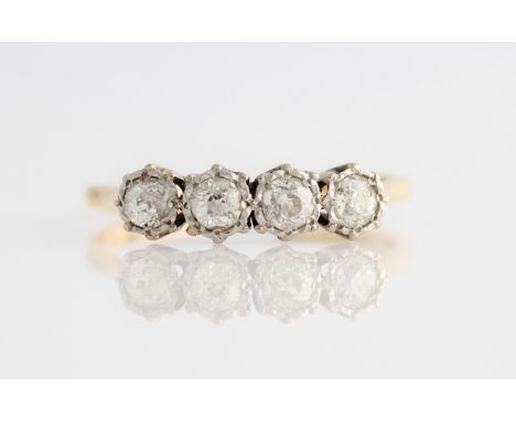 A four stone diamond ring, set with four old cut diamonds, total diamond weight approx. 0.60ct, stamped 18ct, ring size R, (A