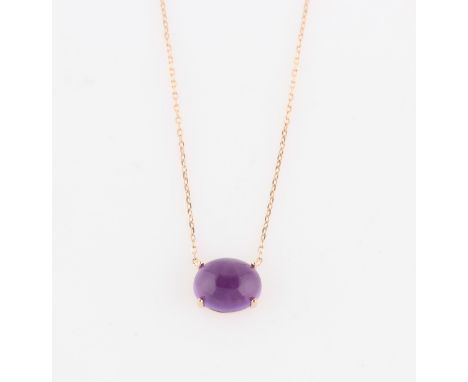 *An amethyst pendant, set with an oval amethyst cabochon, rose metal unmarked, on a rose metal belcher link chain, stamped 92