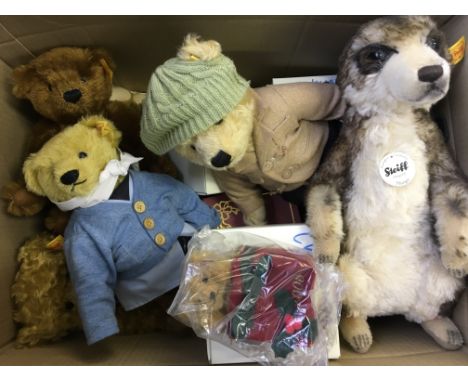 A box of small Steiff bears including Mungo, worlds first teddy bear, classic 1909, etc.