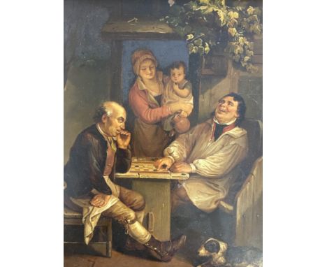 Framed painting on tin, two men playing checkers, 30.5cm x 26cm.