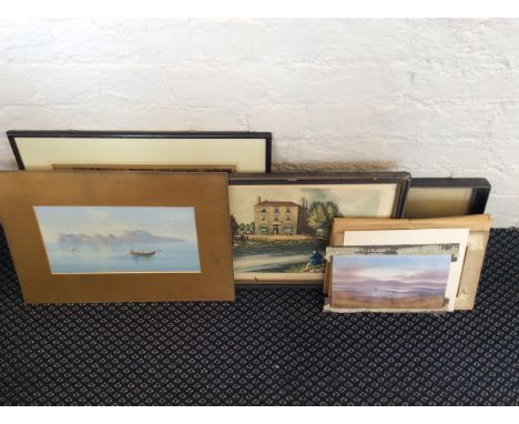 Five various pictures to include an A. Corelli watercolour, a framed, glazed indistinctly signed etching, dated c. 1881, a wa